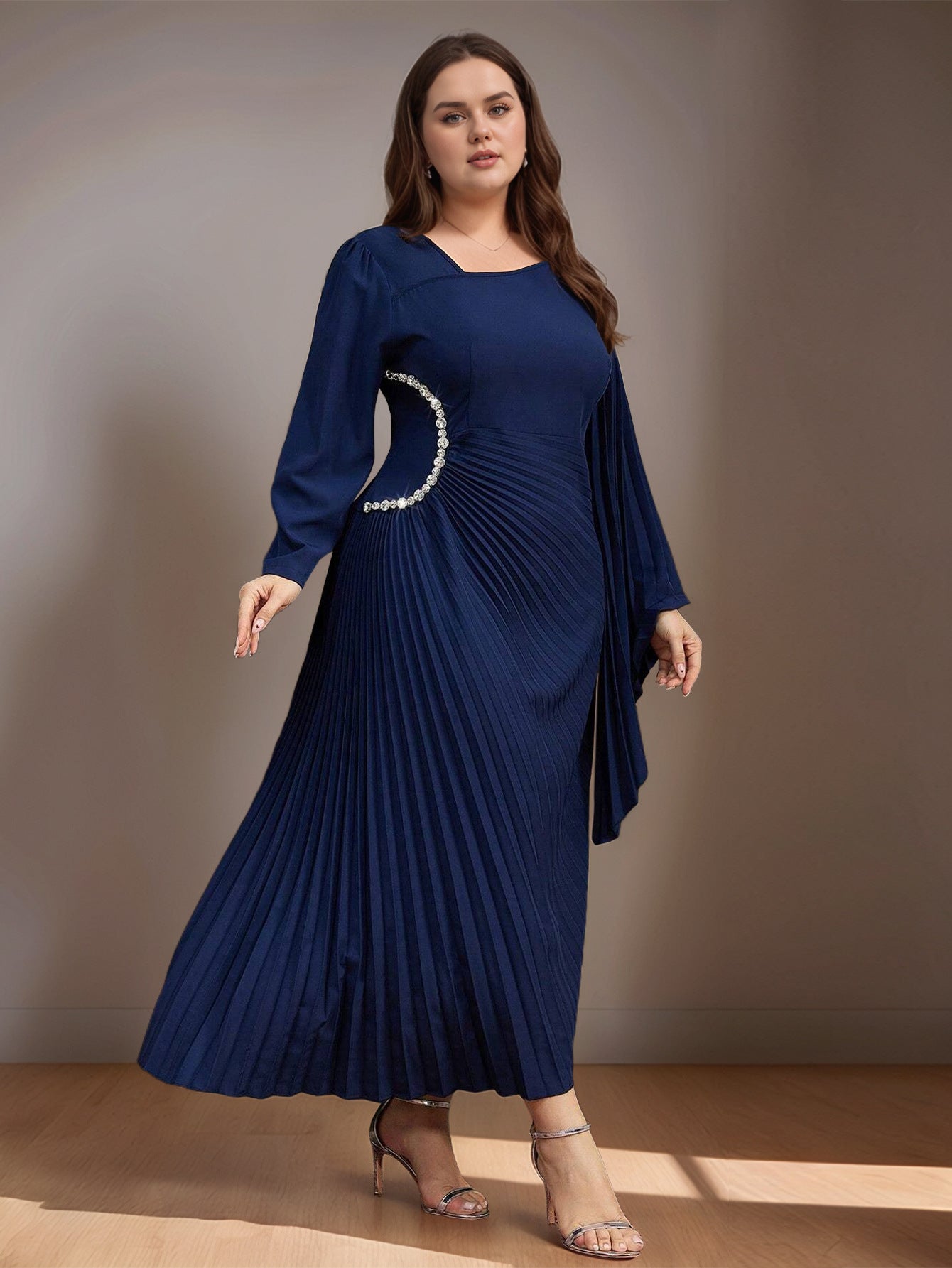 Women's Asymmetric Pleated Dress Set with Diamonds