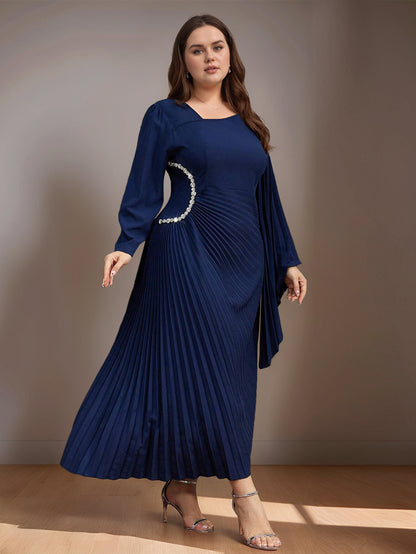 Women's Asymmetric Pleated Dress Set with Diamonds