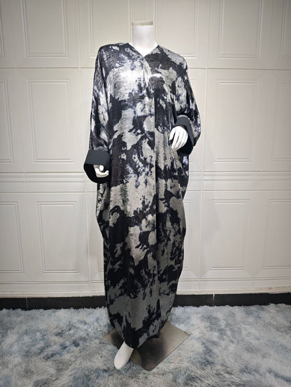 Elegant Black Golden Open Front Abaya Dress