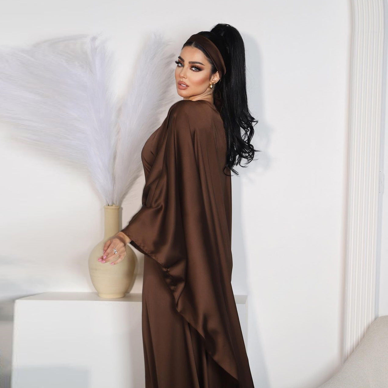 Women's Pullover Waist-cinching Modest Coffee Dress