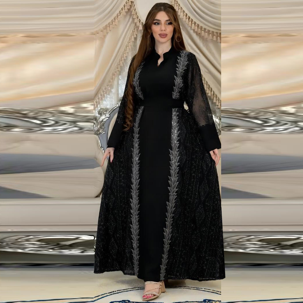 Colorblock Mesh Embroidered Beaded Muslim Dress