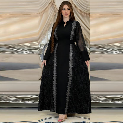Colorblock Mesh Embroidered Beaded Muslim Dress