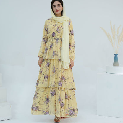 Floral Printed Islamic Modest Belted Tiered Maxi Dress