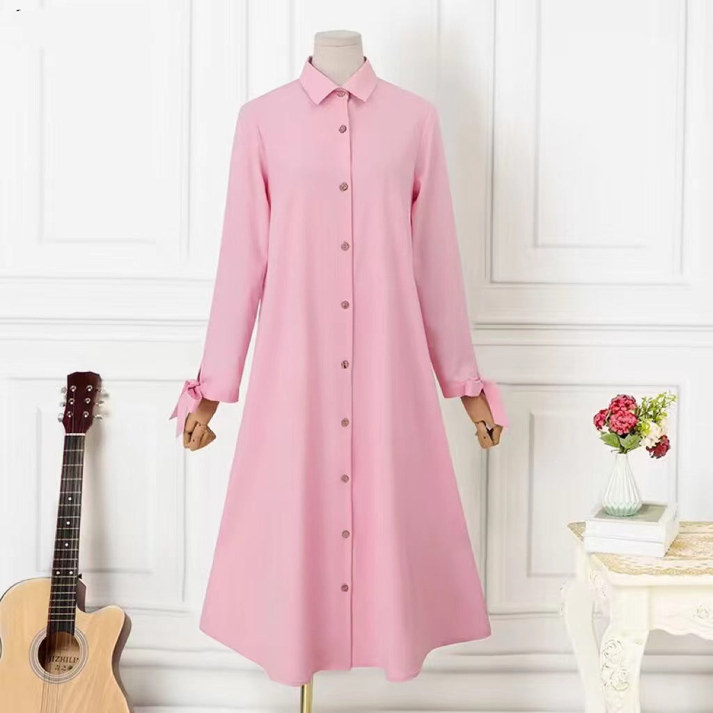 Women s Long sleeved Solid Color Wooden Button down Shirt Dress Abayaya