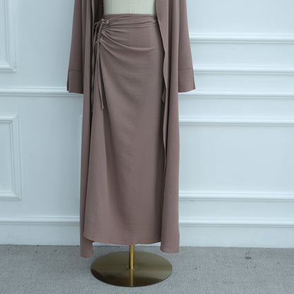 Modest Solid Color Cardigan and Maxi Skirt Two-Piece Set for Women