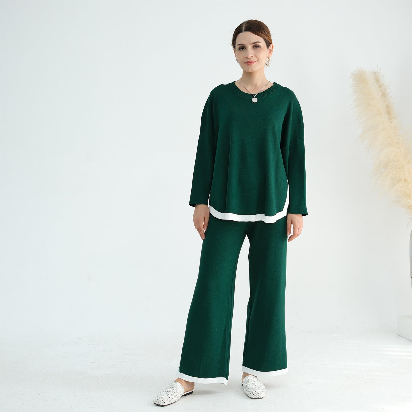 Thickened Knitted Sweater Wide-Leg Pants Trousers Two-Piece Set