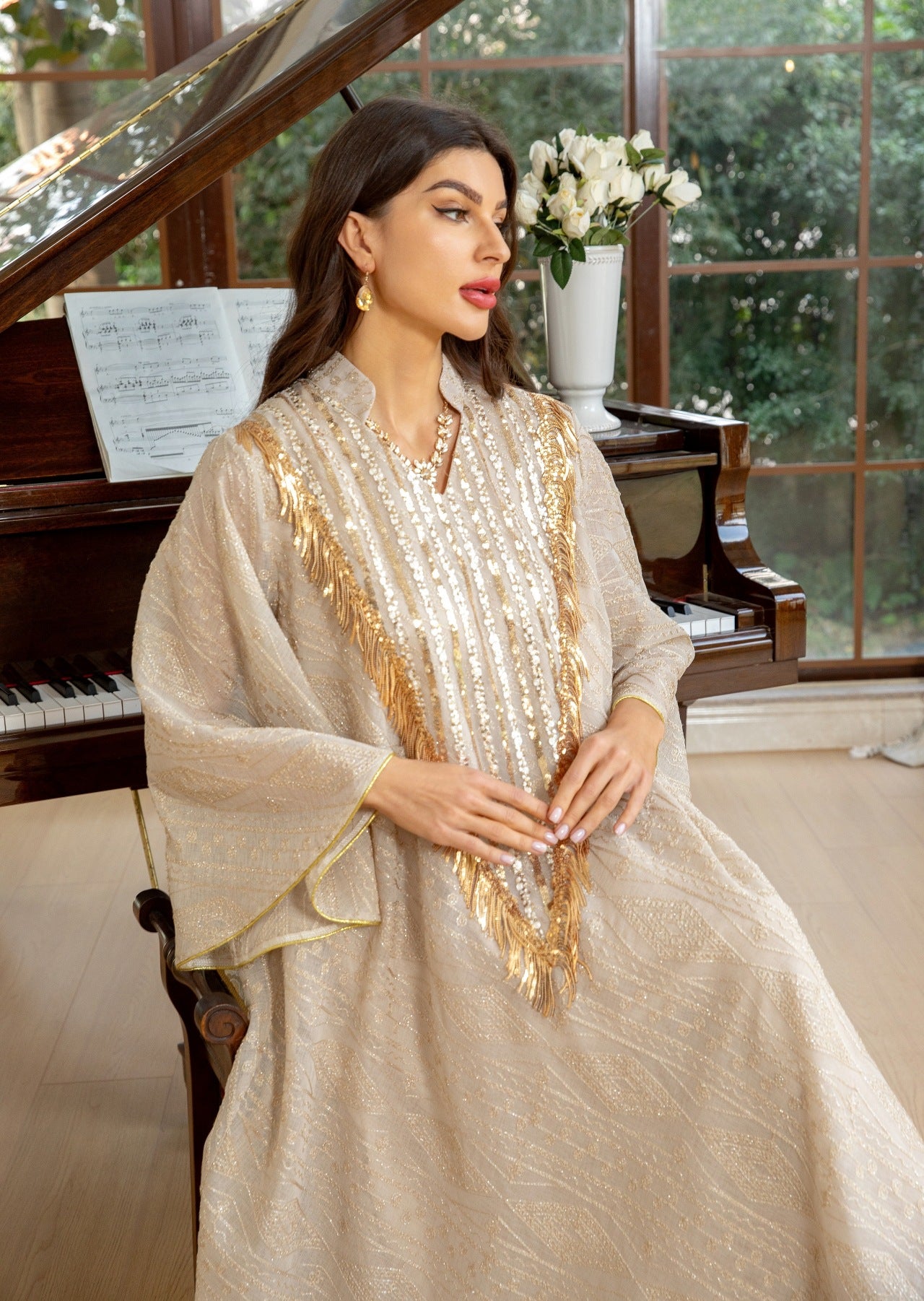 Women's Mesh Embroidered Sequin Jalabiya Dress