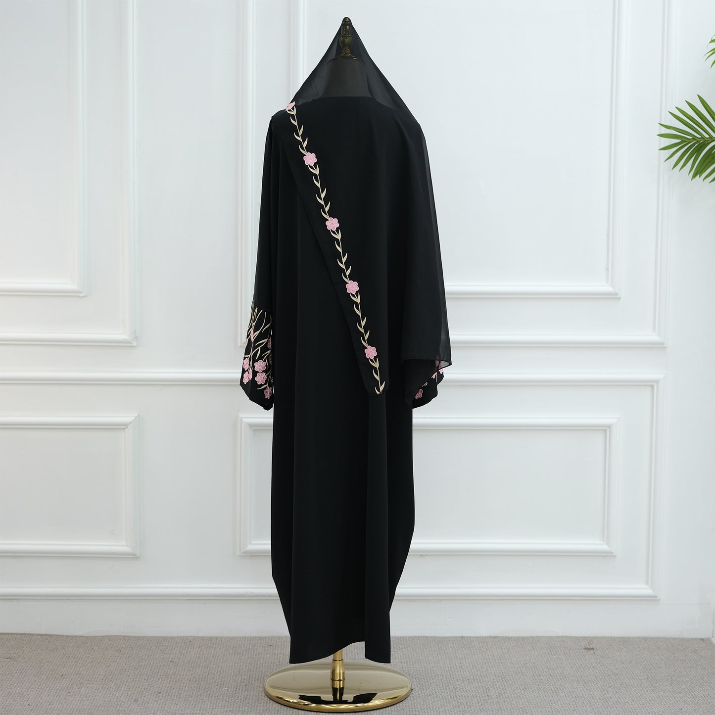 Embroidered Cardigan Abaya with Floral Sleeve Detail