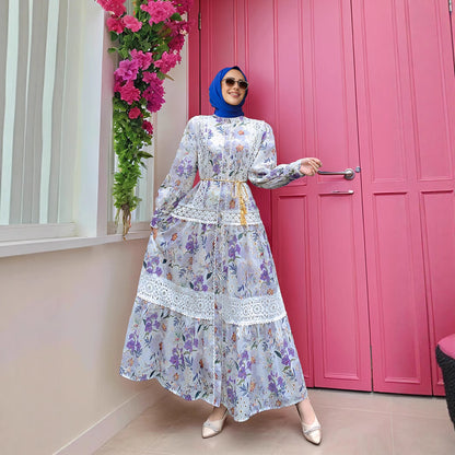 Embroidered Floral Modest Muslim Lantern Sleeve Maxi Dress