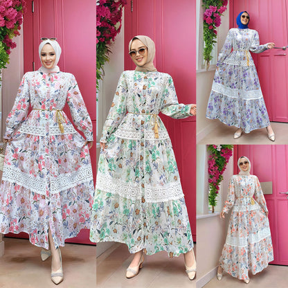 Embroidered Floral Modest Muslim Lantern Sleeve Maxi Dress