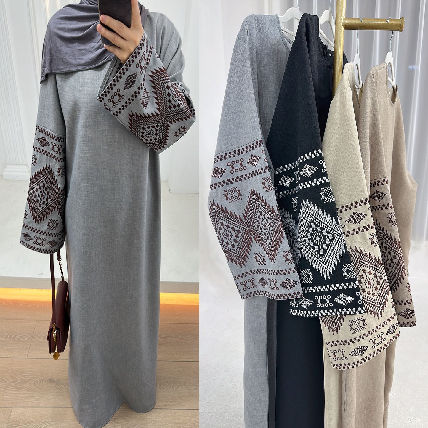 Embroidered Long Sleeve Modest Evening Dress