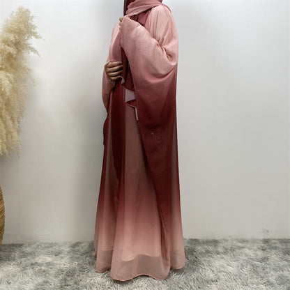 Muslim Chiffon Cardigan Gradient Bat Sleeve Set with Hijab