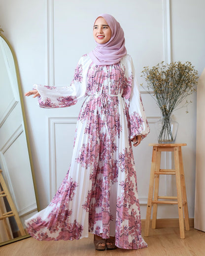 Printed Pleated Balloon Sleeve Casual Dress