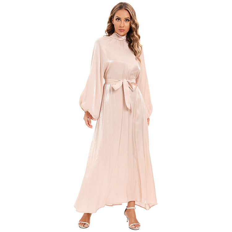 Satin Long Sleeve Maxi Dress with Bow Belt and Lantern Sleeves