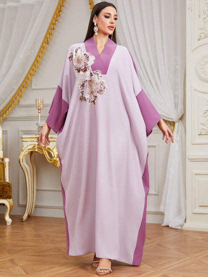 Elegant Contrast Embellished Batwing Kaftan Dress