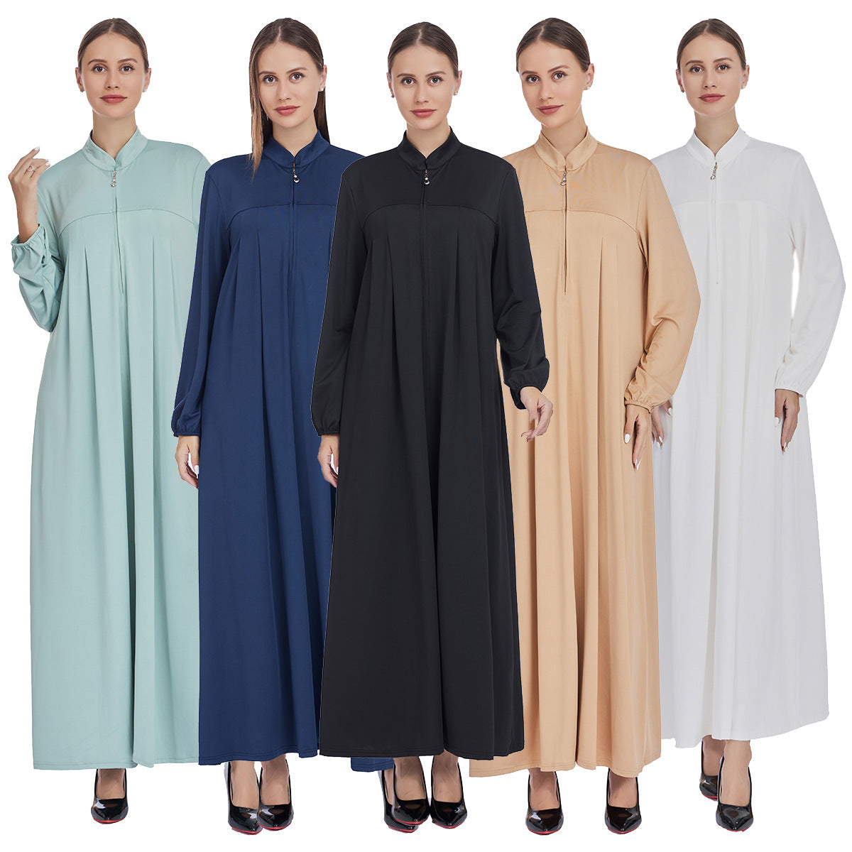 Stand Collar Maxi Dress with Pockets – Modest Long Sleeve Casual Abaya