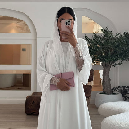 White Lace Trim Abaya with Matching Scarf Elegant Chiffon Robe