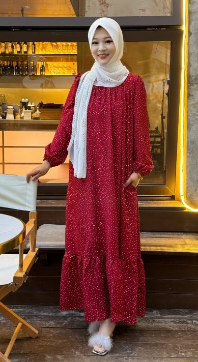 Polka Dot Ruffle Hem Maxi Dress with Puff Sleeves and Pockets