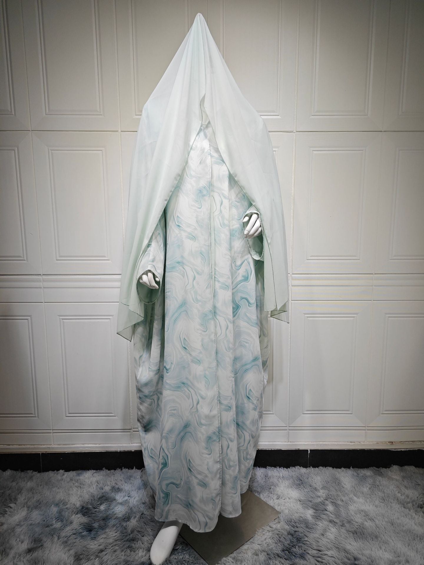 Chiffon Print Robe Open Abaya with Hijab