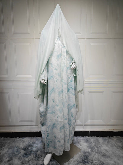 Chiffon Print Robe Open Abaya with Hijab