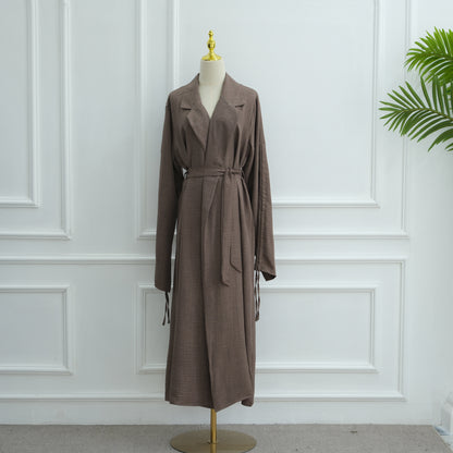 Elegant Blazer-Collar Abaya Cardigan with Ruched Sleeves