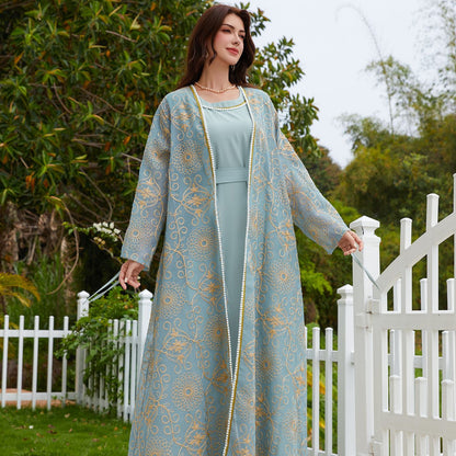 Dubai Muslim Jacquard Two-Piece Maxi Abaya Set