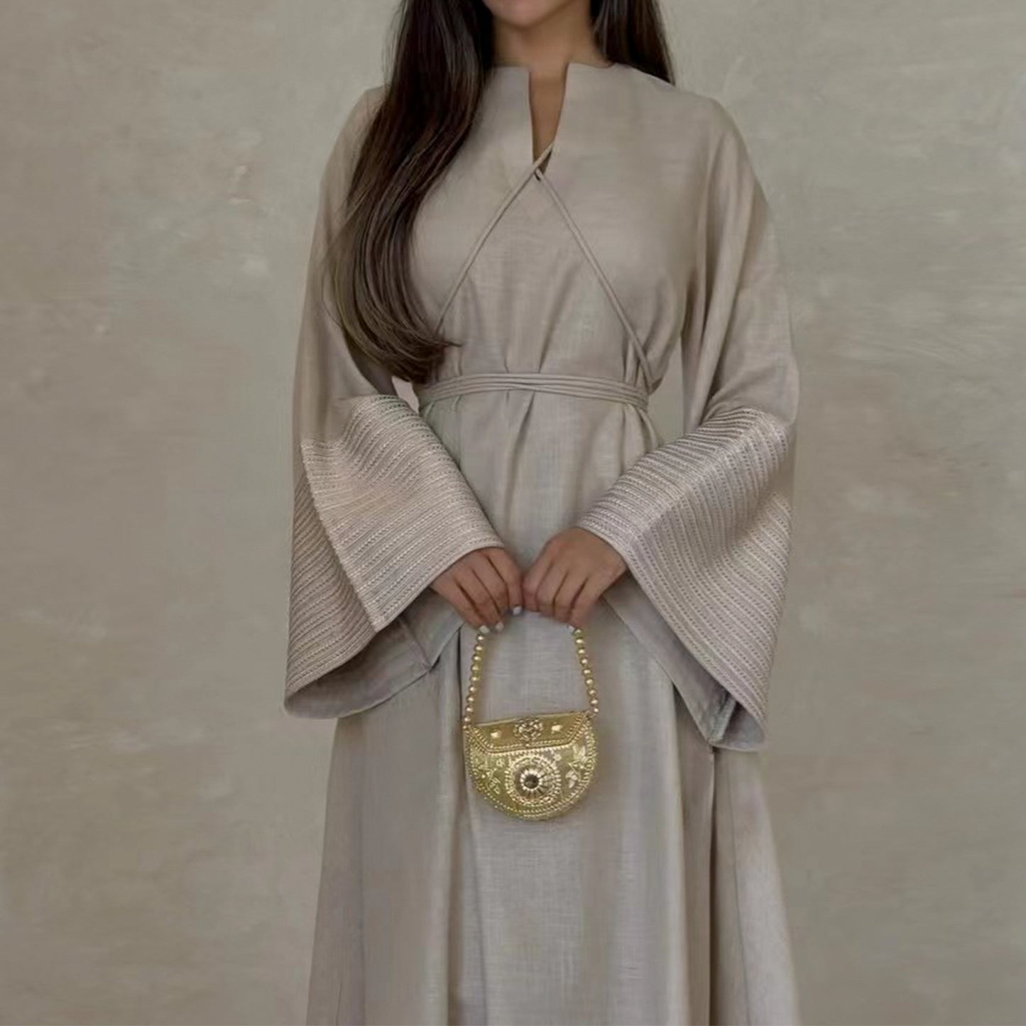 Modest V-neck Embroidery Elegant Abaya Dress