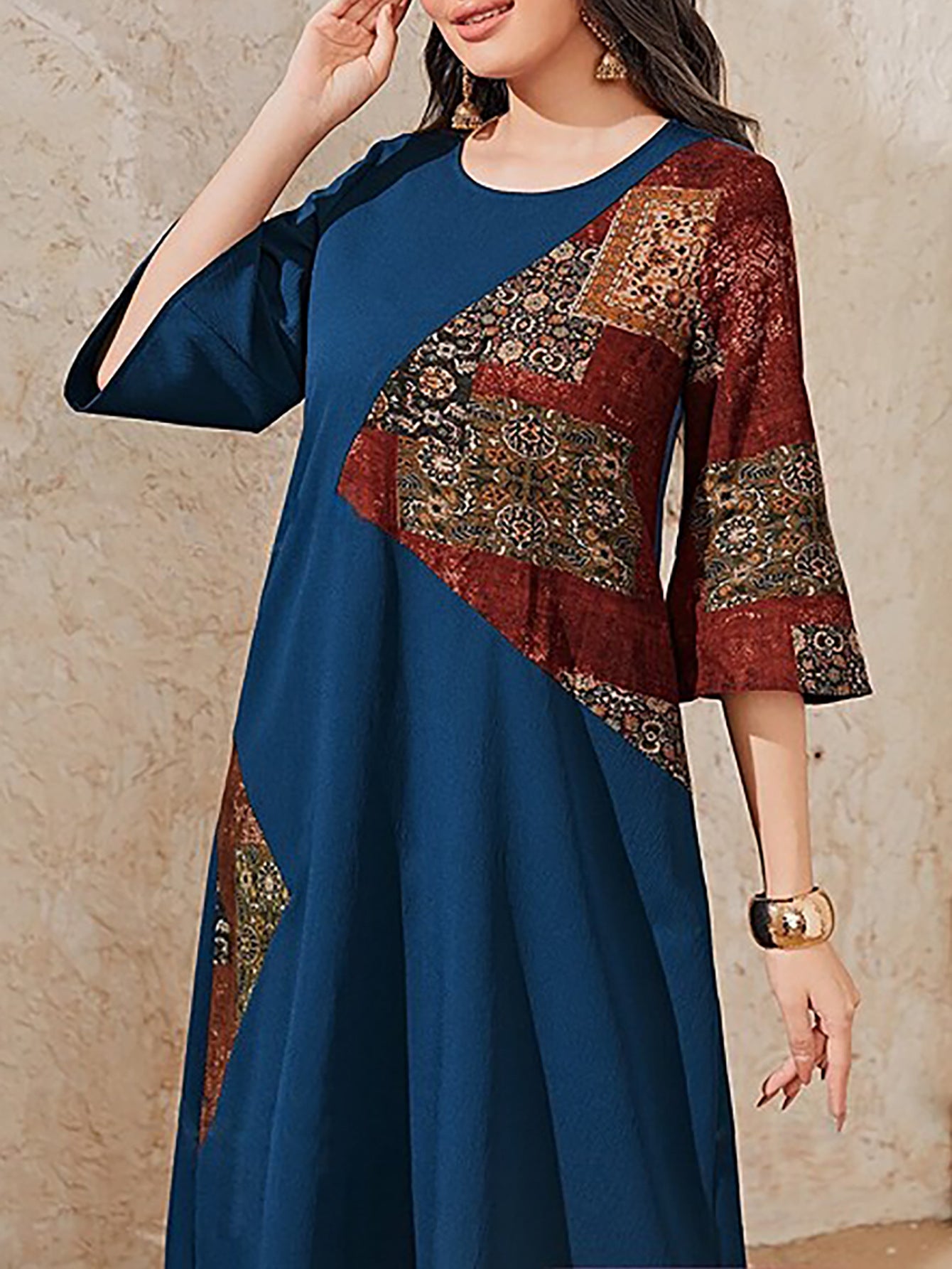 Women's Printed Patchwork Flared Sleeve Casual Dress