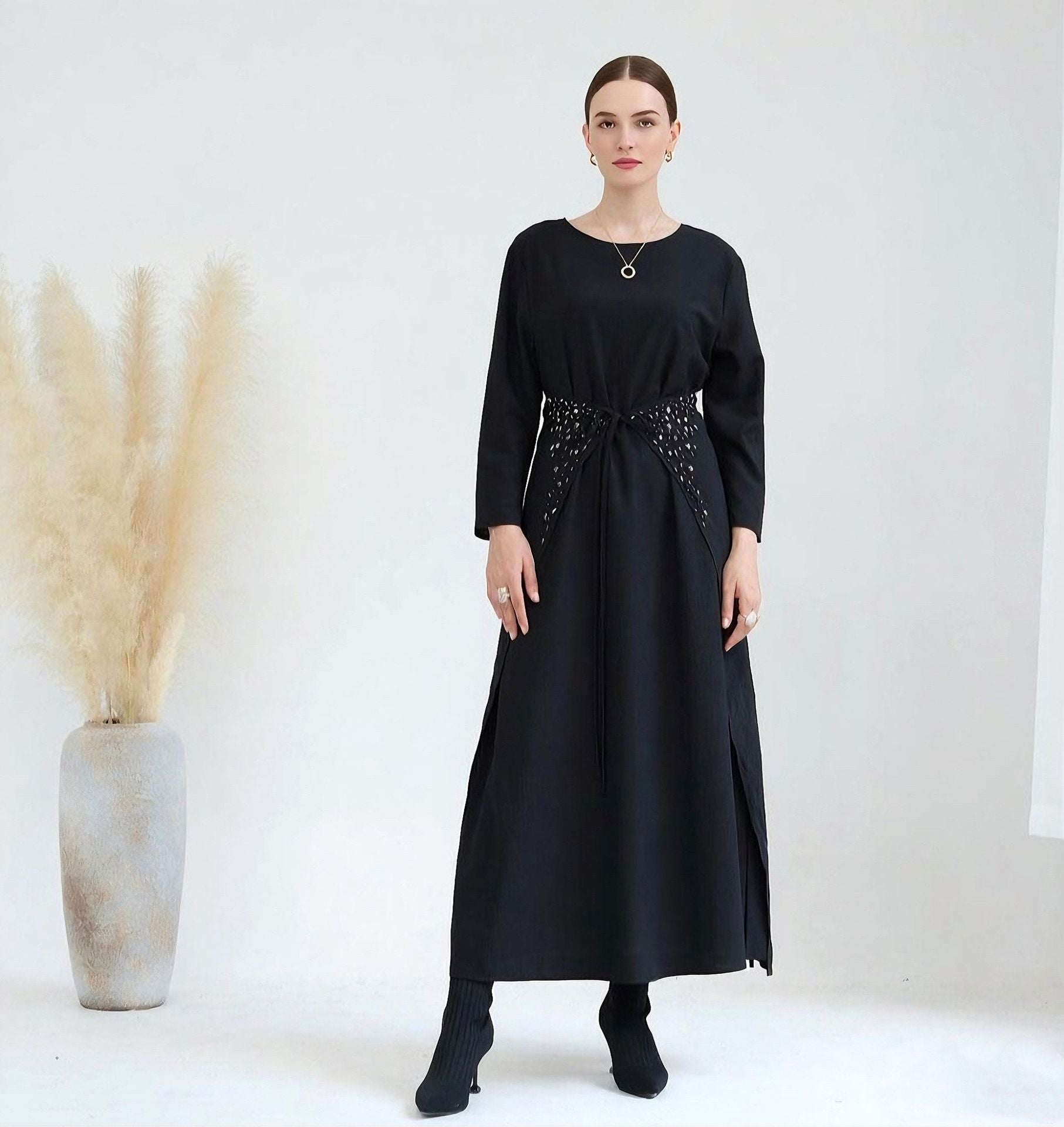 Solid Color Dress Set Abaya with Inner Maxi and Belt Abayaya Solid Color Dress Set Abaya with Inner Maxi and Belt Abayaya