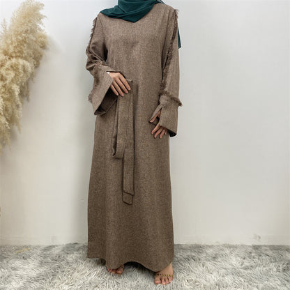 Fringe Sleeve Muslim Flare-Hem Maxi Dress