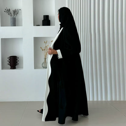 Black and White Contrast Abaya Open Front Long Robe for Women