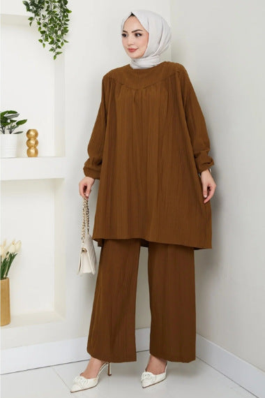 Loose Fit Two Piece Modest Set with Wide Leg Pants