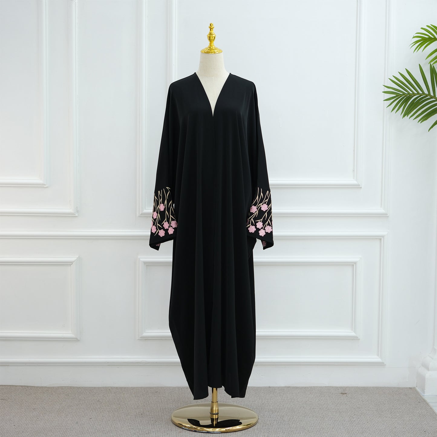 Embroidered Cardigan Abaya with Floral Sleeve Detail