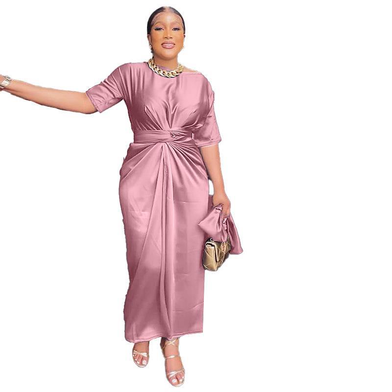Women's Short Sleeve Waistband Tie Long Dress Two Piece Sets