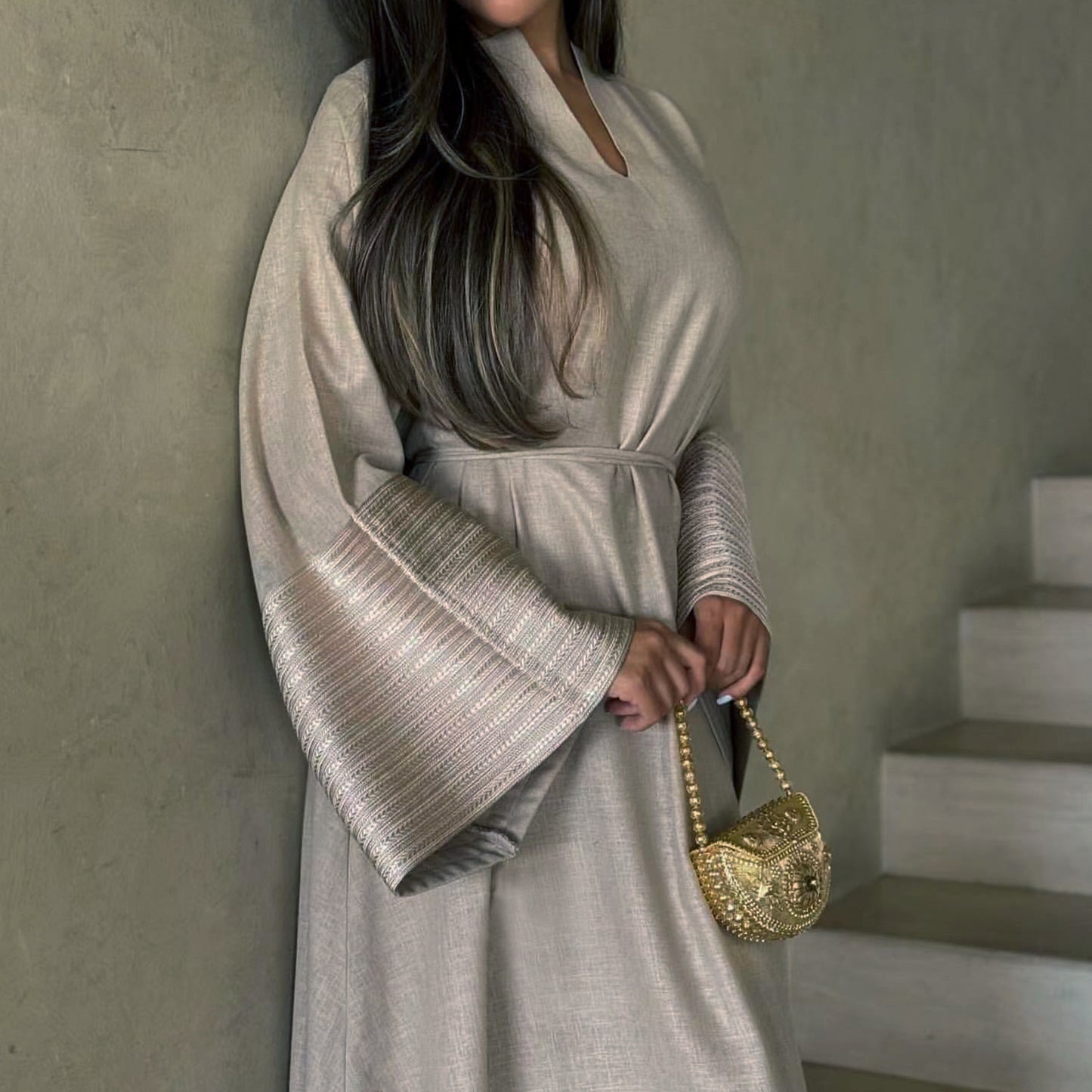 Modest V-neck Embroidery Elegant Abaya Dress