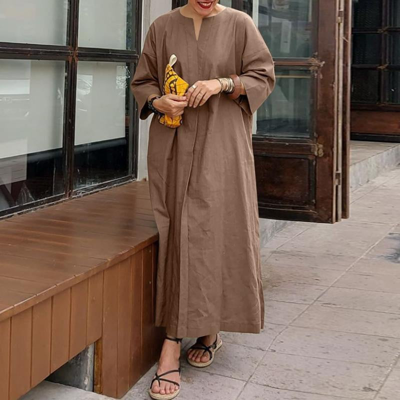 Solid Color Loose Casual Cotton and Linen Dress