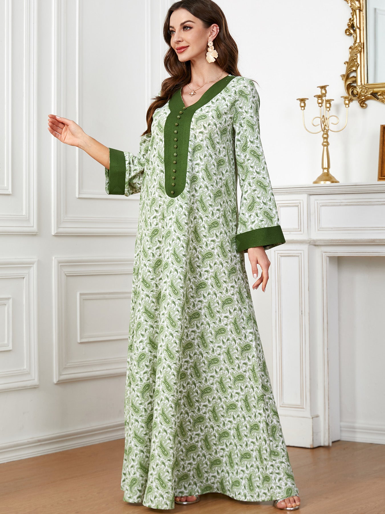 V-neck Panels Stud-buttoned Casual Abaya Dress