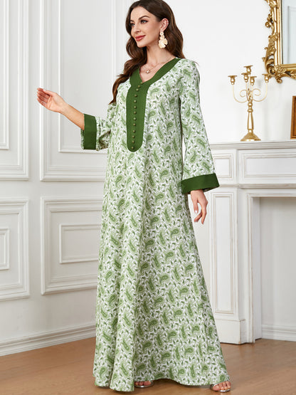 V-neck Panels Stud-buttoned Casual Abaya Dress