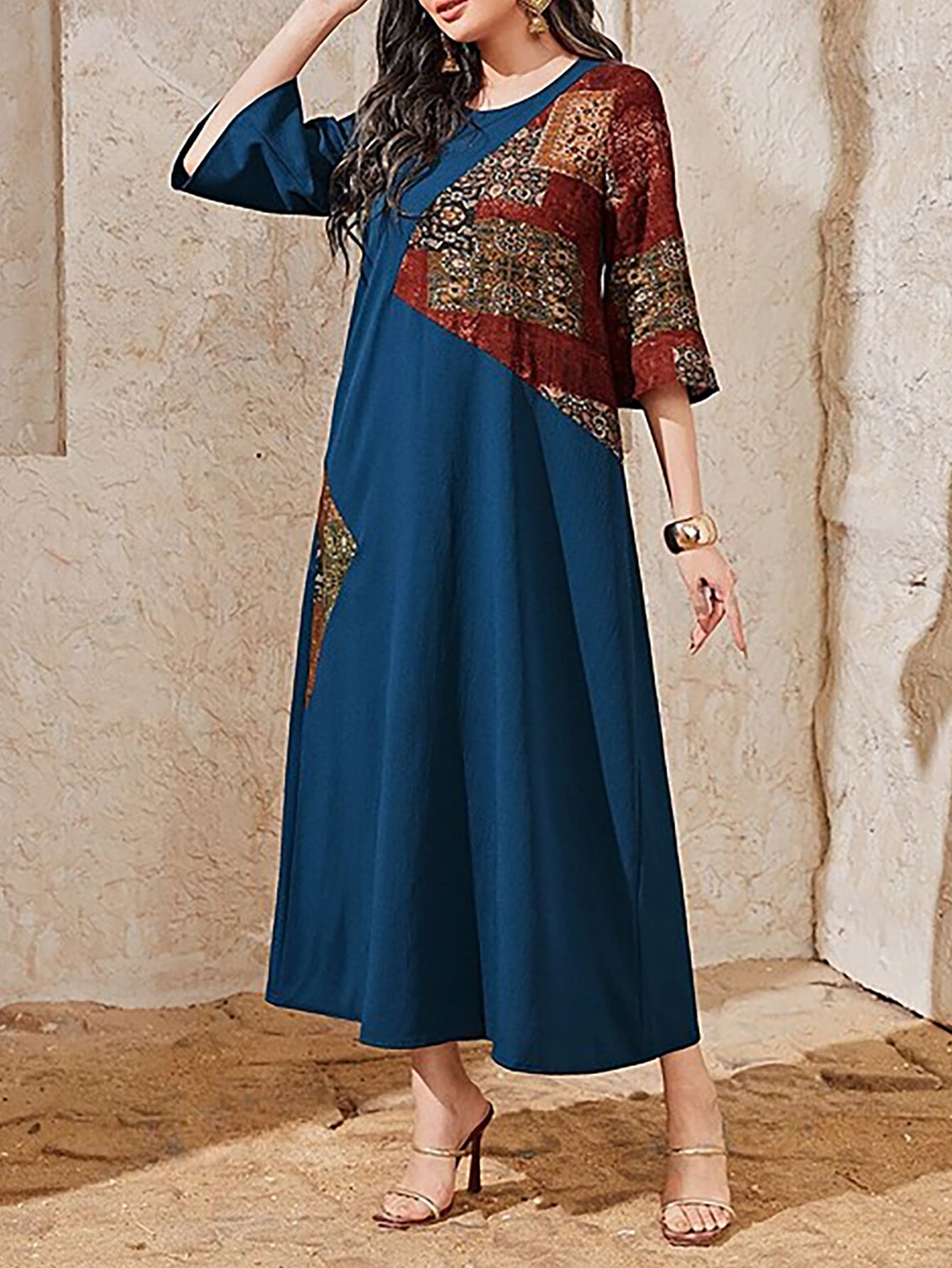Women's Printed Patchwork Flared Sleeve Casual Dress