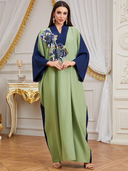 Elegant Contrast Embellished Batwing Kaftan Dress