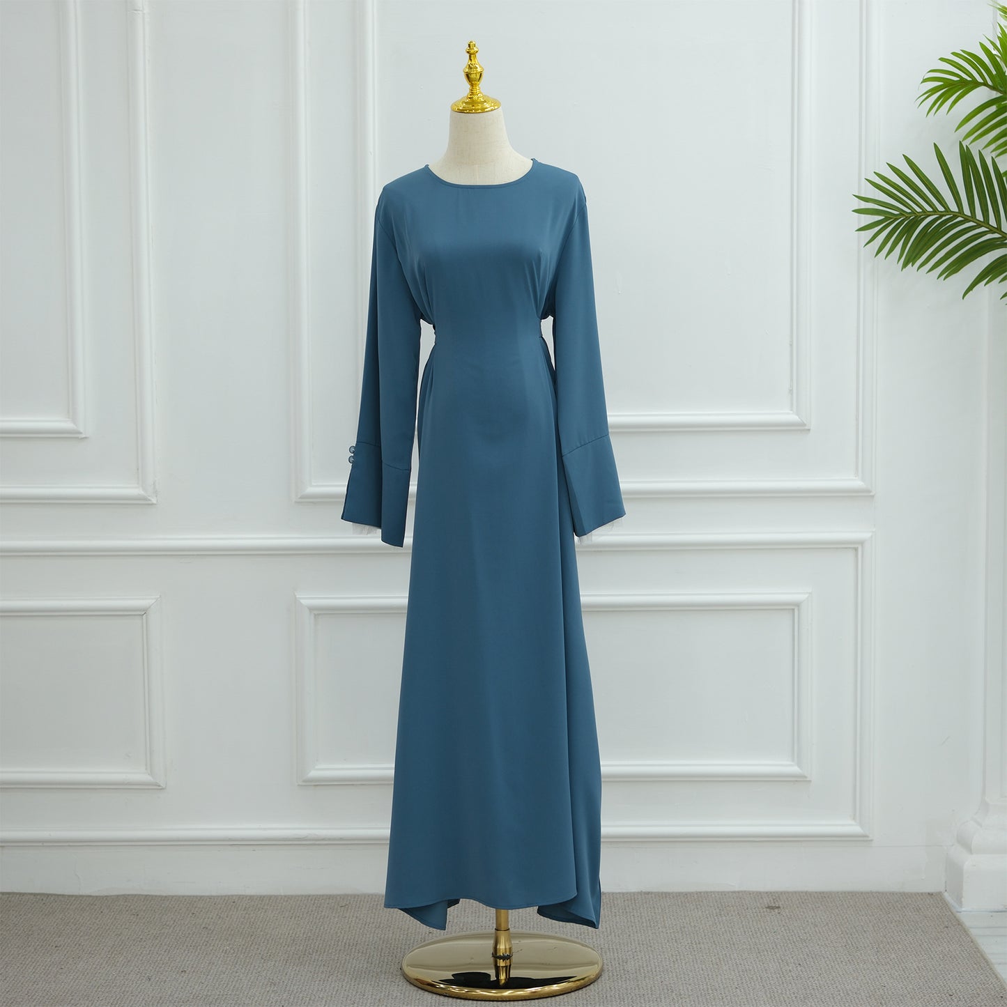 Lace Trim Maxi Dress with Waist Belt Modest Abaya Style