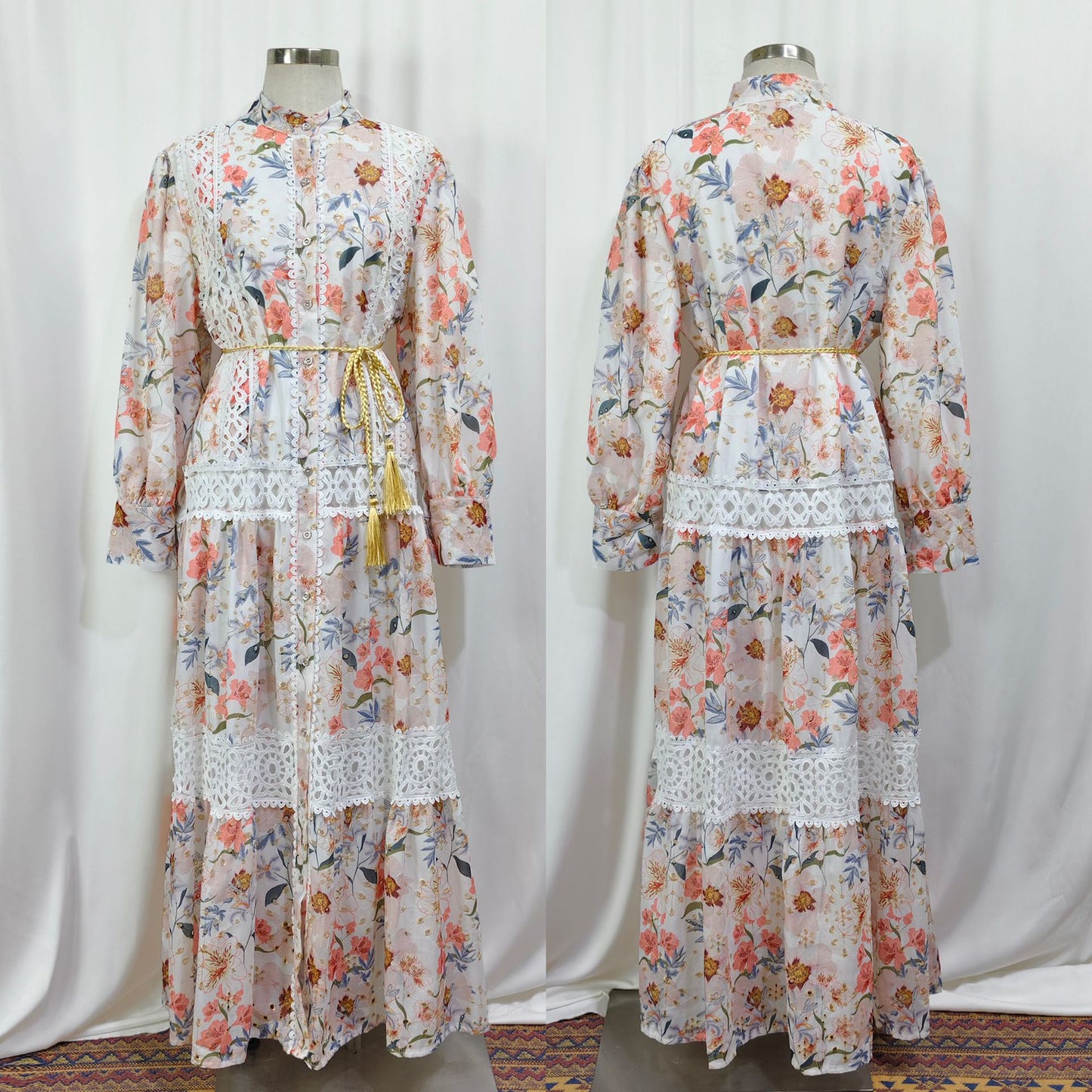 Embroidered Floral Modest Muslim Lantern Sleeve Maxi Dress