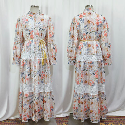 Embroidered Floral Modest Muslim Lantern Sleeve Maxi Dress
