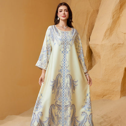 Beaded Print Muslim Kaftan Maxi Dress