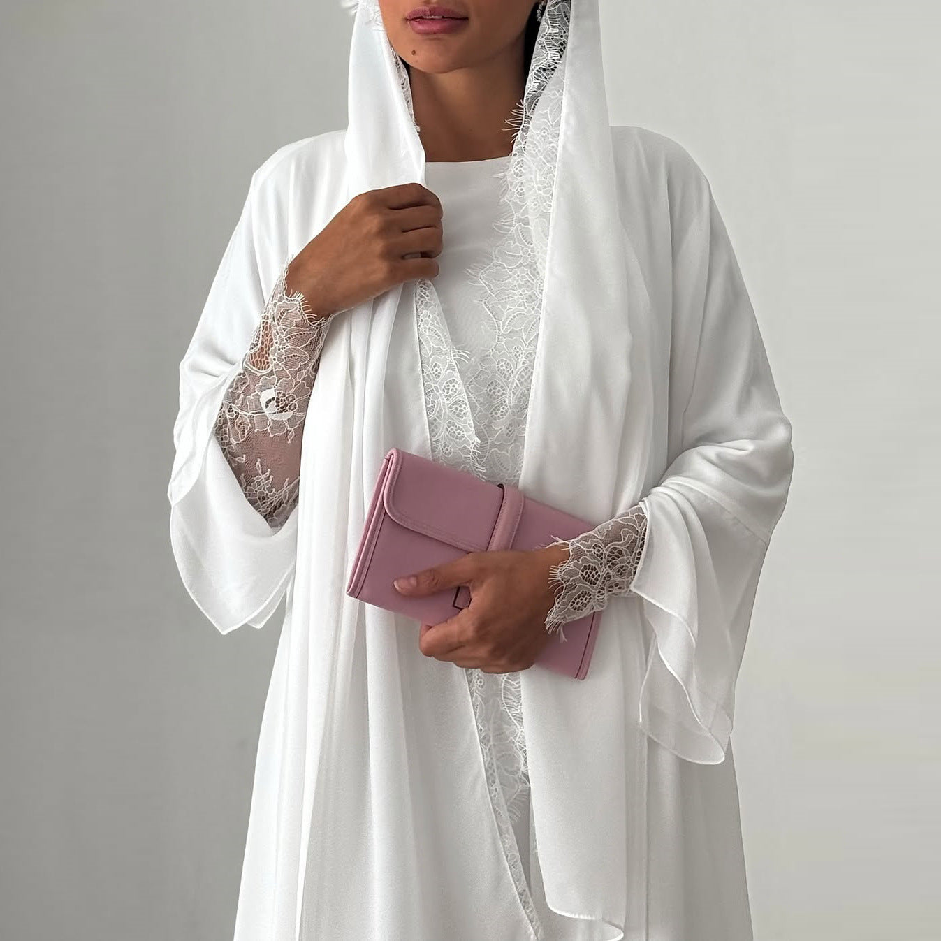 White Lace Trim Abaya with Matching Scarf Elegant Chiffon Robe