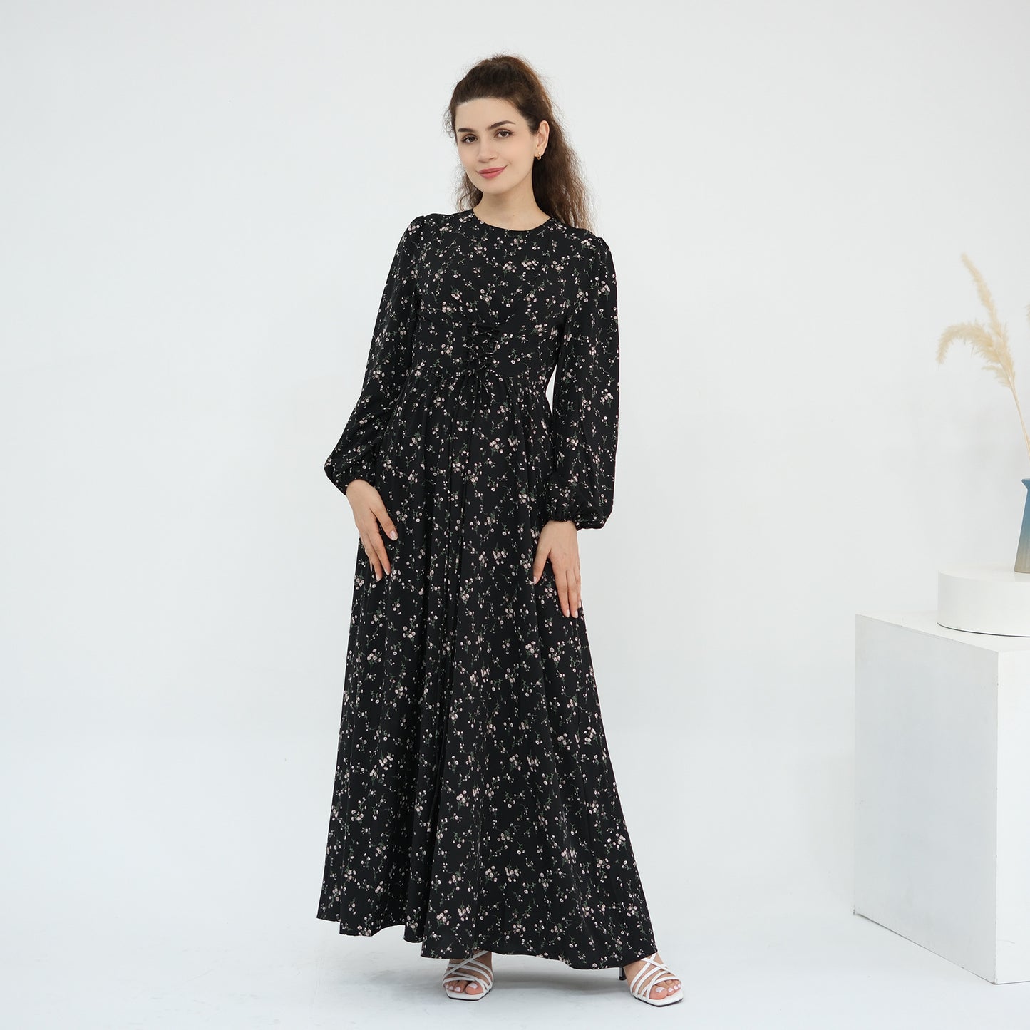 Floral Print Maxi Dress with Waist Tie Modest Long Sleeve
