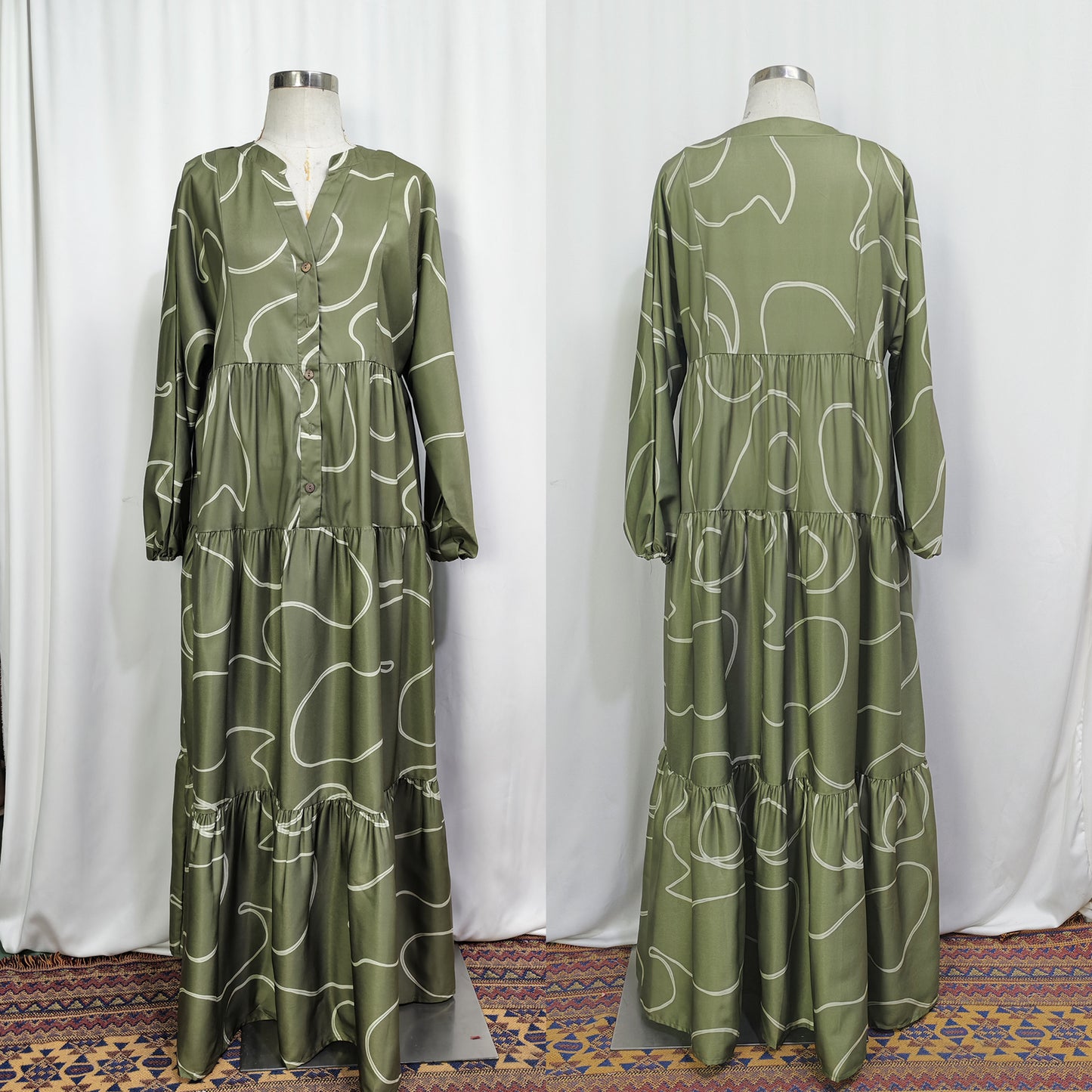 Printed Satin-Feel Loose Fit V-Neck Modest Maxi Dress