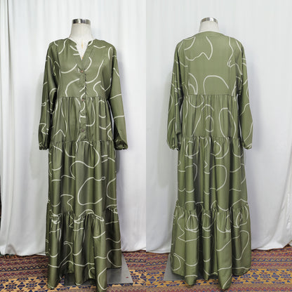 Printed Satin-Feel Loose Fit V-Neck Modest Maxi Dress