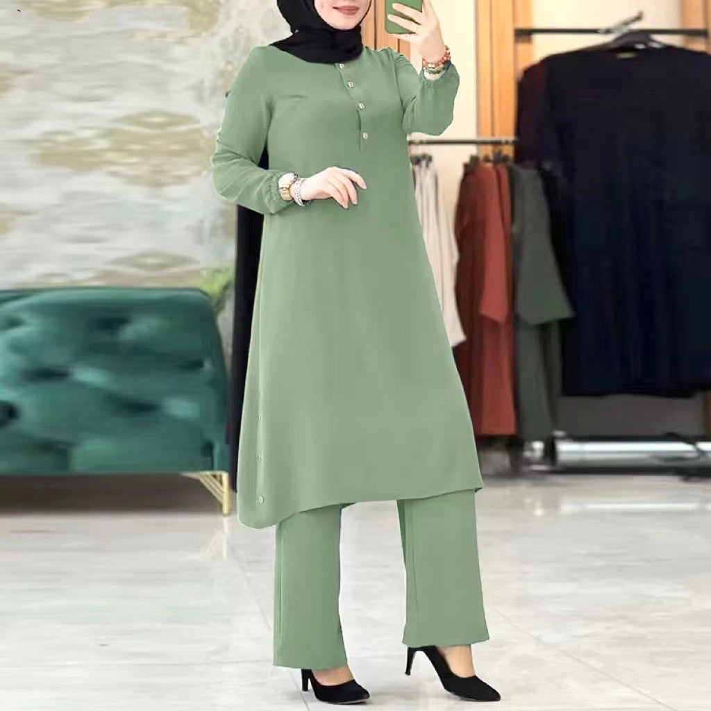 Women's Solid Color Long Sleeve Elastic Waist Set