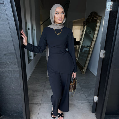 Modest Two Piece Nida Set with Waist Tie and Long Pants